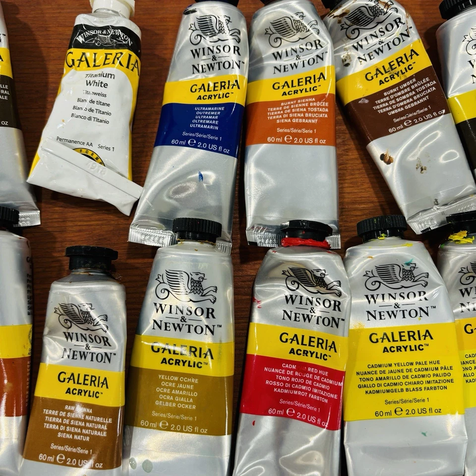 Lote de 14 tintas acrílicas Winsor & Newton Galeria série 1 várias cores usadas - Imagem 3 de 4