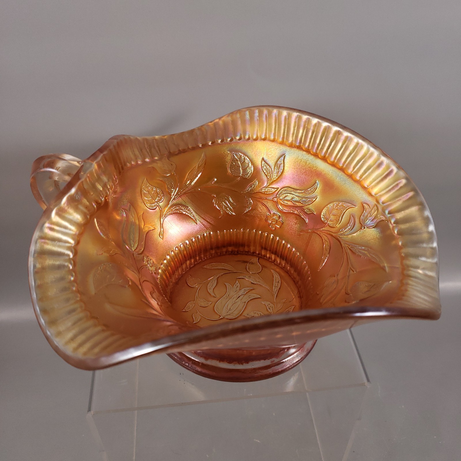 Antique Dugan Glass Iridescent Marigold Wildflower Gravy Boat Bowl Dish