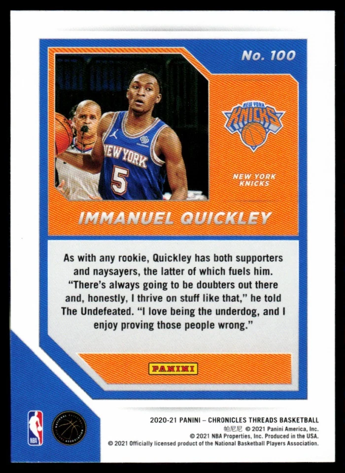 IMMANUEL QUICKLEY RC 2020-21 PANINI CHRONICLES PINK THREADS #100 PARALLEL NEW - Image 2 of 2