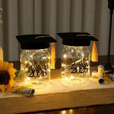 Graduation Decorations Class of 2026-2PCS Cap Glass Jar With Light White