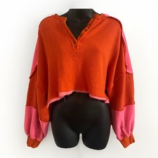 Out From Under Large Sweater Womens Henley Cropped Multicolor Chenille Pullover