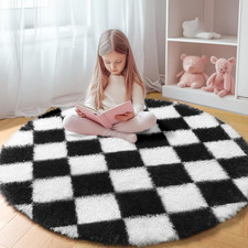 Round Rug 4ft for Bedroom, Black and White Fluffy Soft Circle Area Rug Small Fuz