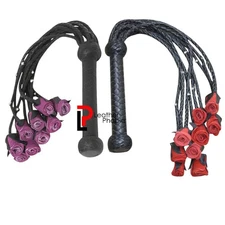 Pack of 2 Real Leather Flogger Purple &Red Rose Studded Thick Heavy Duty