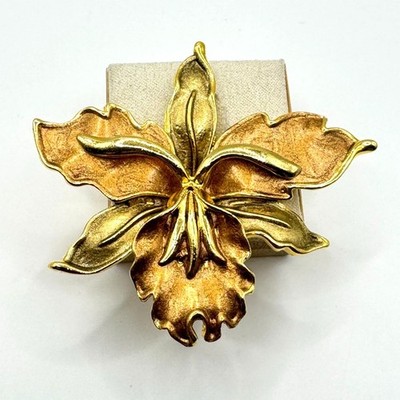 Gold Orchid Flower Brooch Pin Vintage Style Floral Art Nouveau