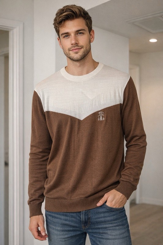BRUNELLO CUCINELLI Cashmere Pullover In Brown/cream  Color, Size 50 (L)