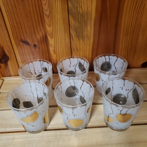 Vtg MCM 22 KT Gold FEDERAL Frosted Fruit Design Low Ball Glass Set 6 Hard Find - Picture 3 of 15