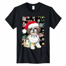 Christmas Shih Tzu Dog in Santa Hat T Shirt with Snowflakes Cu