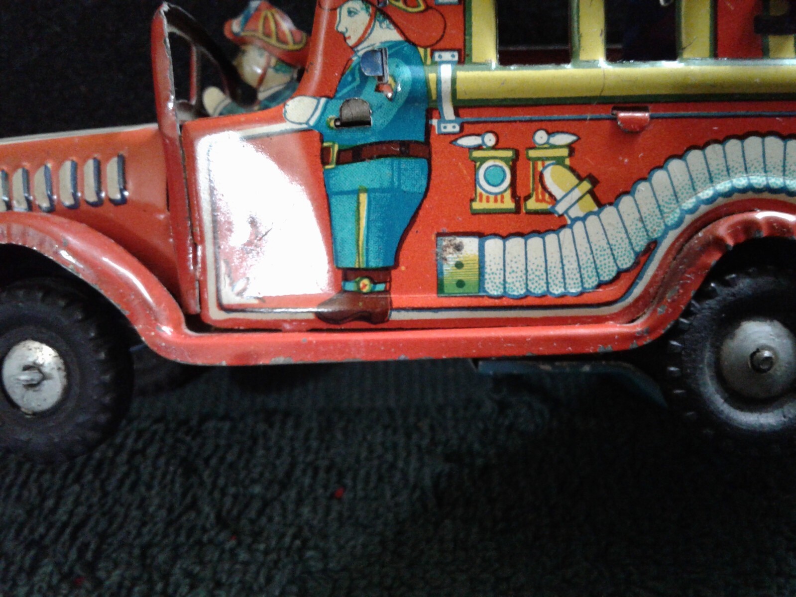 Vintage Tin Litho TM Trade Mark No. 1 Fire Truck w/Ladder & Bell, Japan