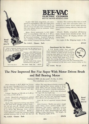 1932 PAPER AD Bee-Vac Electric Cleaner Hand Super Brush Ball Bearing Motor 