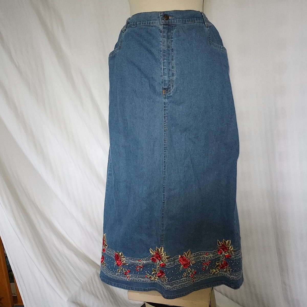 Denim Co Maxi Blue Jean Skirt L Embroidered Roses Back Slit Pockets Long