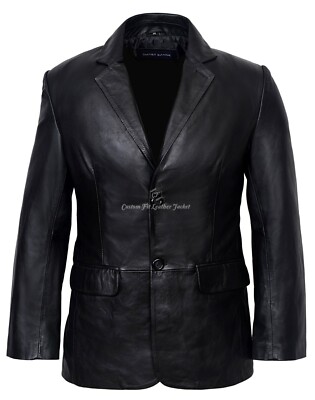Herren Leder Blazer Schwarz 2 Knöpfe 100% ECHTES LAMMFELL Sakko Mantel 9124 
