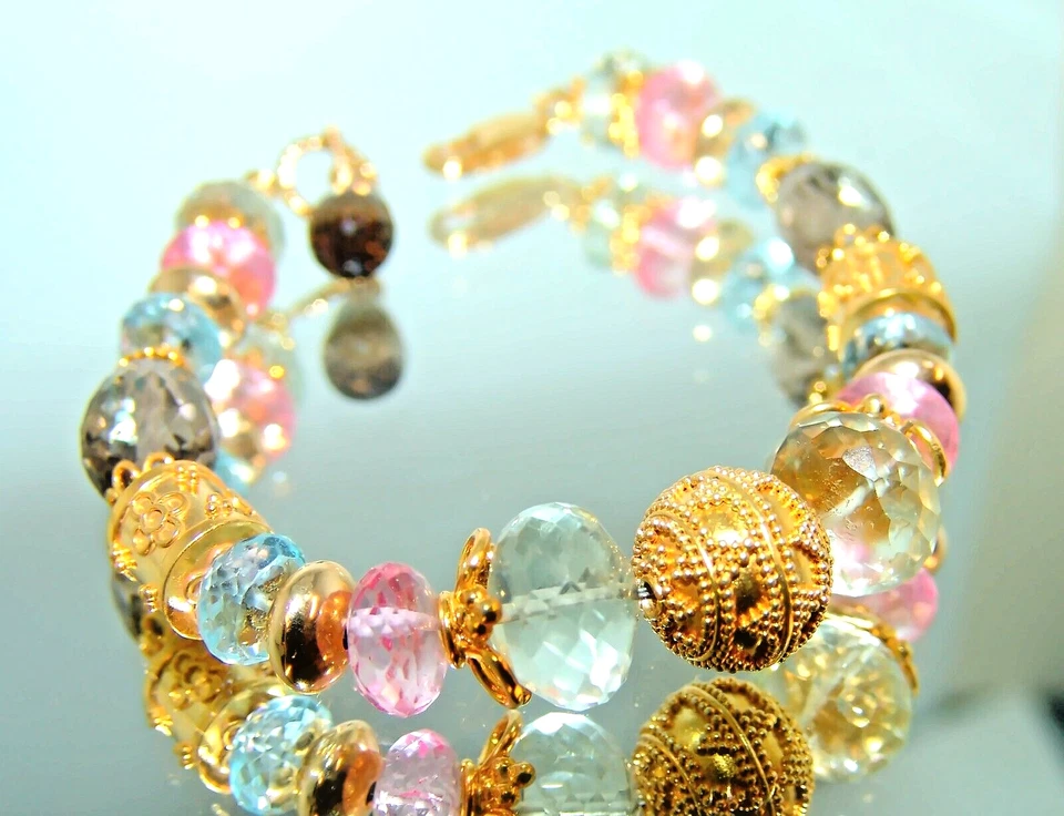 Sterling Silver Green Amethyst Blue Pink Topaz Quartz Bali Vermeil Bracelet - Image 2 of 4