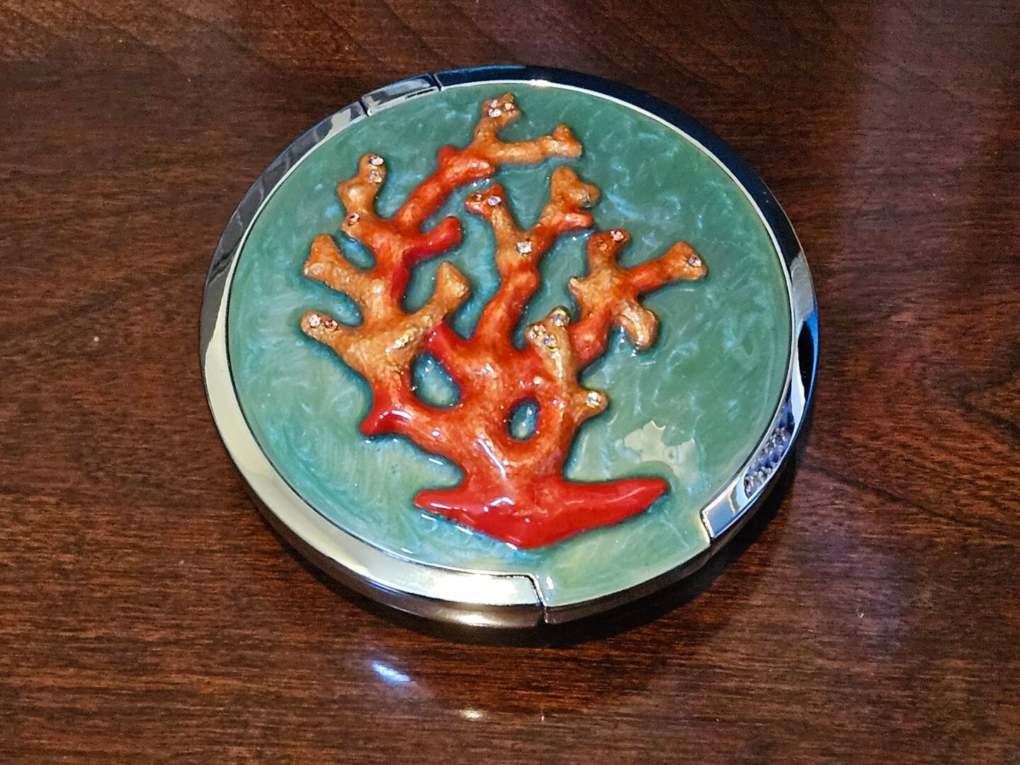 RARE LE JAY STRONGWATER CHANTECAILLE CORAL POWDER CRYSTAL ENAMEL COMPACT MIRROR