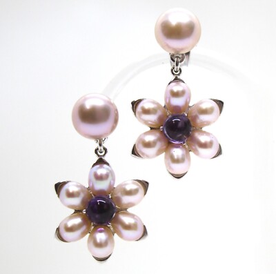 Mimì Flower Pendant Earrings in 18k White Gold with Pink Pearls and Amethyst