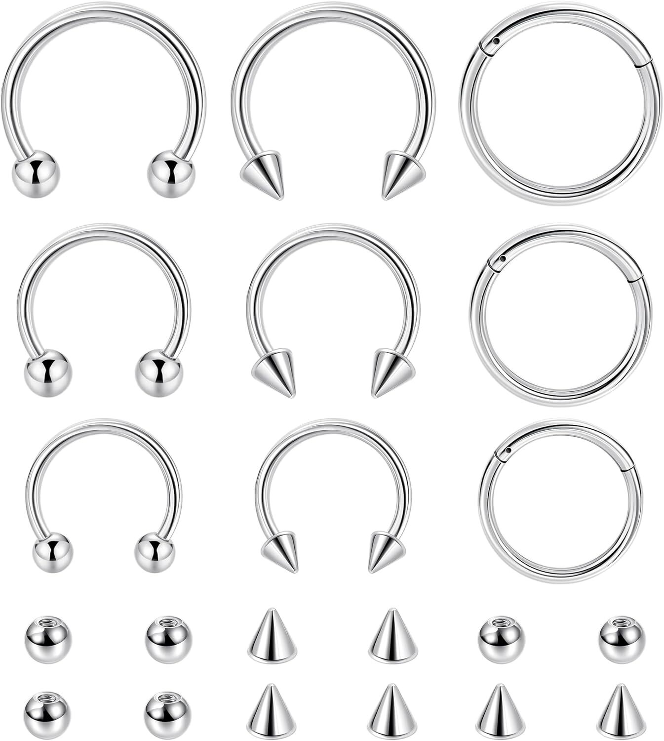 9Pcs 18G Surgical Steel Nose Septum Rings Horseshoe Hoop Earrings Cartilage Heli