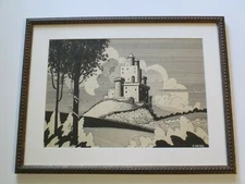 ANTIQUE AMERICAN PAINTING DRAWING ART DECO CASTLE ARCHITECTURAL LANDSCAPE RARE