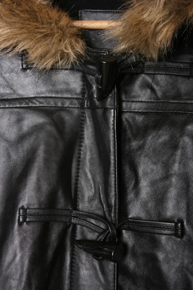 JACLYN SMITH Black Lambskin Leather Fleece Lined Toggle Button Hooded Coat Sz. M Foto 3 de 4