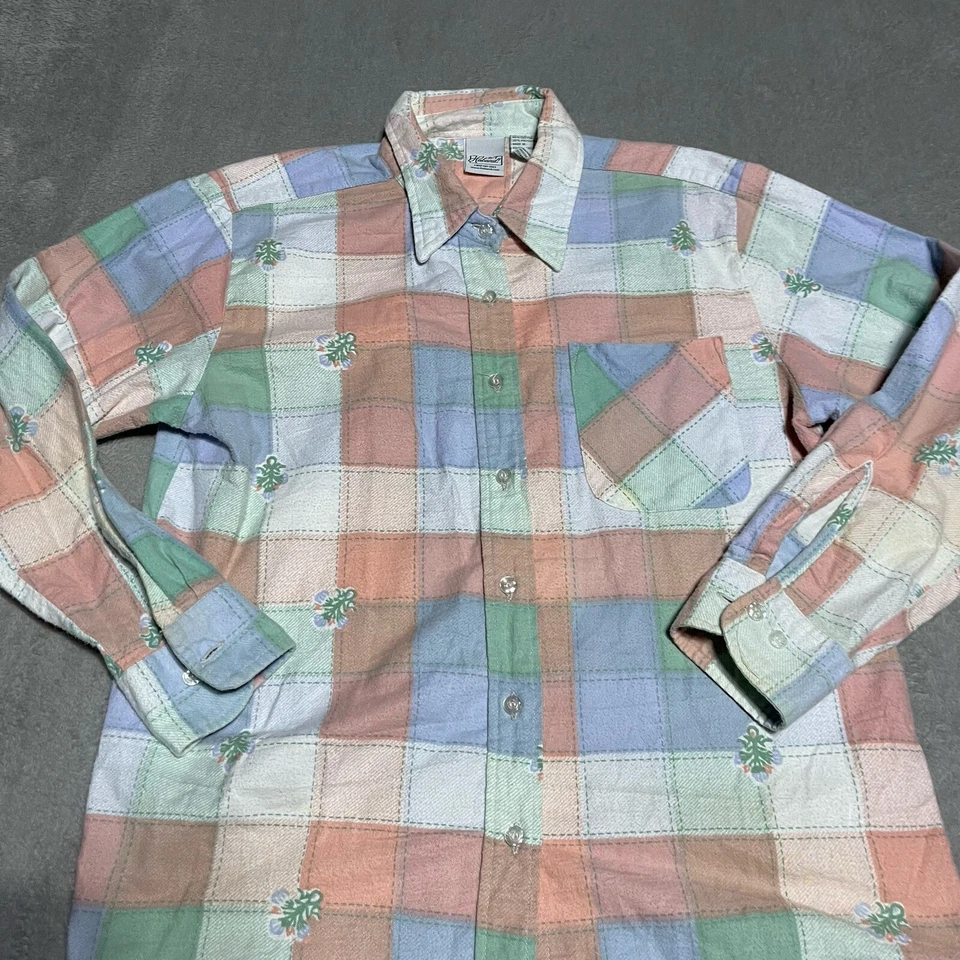 Винтажная женская фланелевая рубашка Haband средний размер в клетку с цветочным рисунком Grandmacore - Изображение 3 из 4