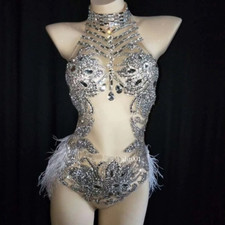 Sparkly Crystals Mesh Bodysuit Feather Outfit Bar Dance Party Dance Costume