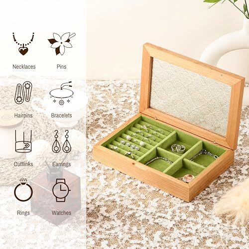 Wooden Jewelry Box for Women Size Natural Solid Wood Girls Medium Cherry - Picture 6 of 6