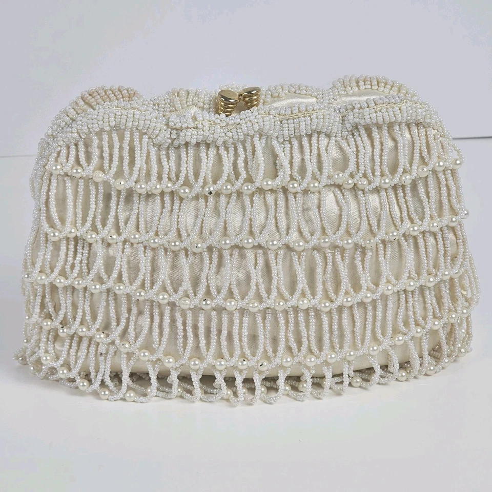 Vintage 1950s Beaded Pearl Satin Purse Handmade in Hong Kong – Gold Chain Clutch - Image 2 of 4
