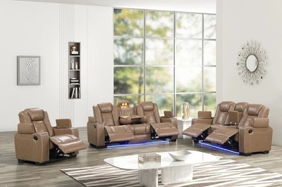 NEW 3PC LED Sofa Recliner Set Saddle Tan Brown Bluetooth Speaker Wireless Charge