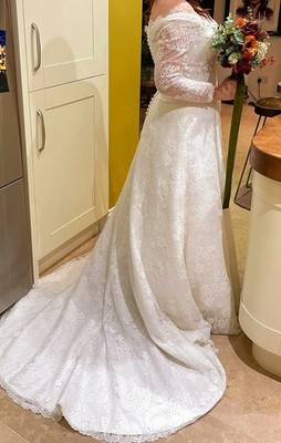 New Ivory Soft Feel French Lace Bardot Long Sleeve Wedding Dress ~ Size 14  | eBay UK