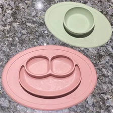 EZPZ Mat 100% Silicone Suction Baby Plate w/ Placemat & Baby Bowl Pink & Green