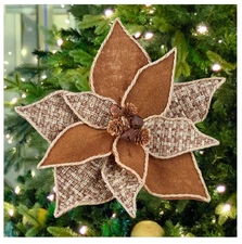 Rustic Brown Jute Poinsettia Stems Set of 2 for Tree Decorating and Christmas...