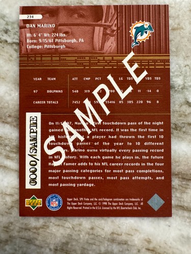 Carta promozionale Dan Marino 1998 SPX campione finito #234 Miami Dolphins - Foto 2 di 2