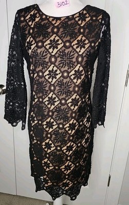 Max Studio Womens  Lace Sheath  Black & Tan Diamond Cocktail Dress Sz SMALL 