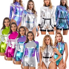 US Women Outer Space Metallic Long Sleeve Shiny Alien Robot Bodysuit Jumpsuit