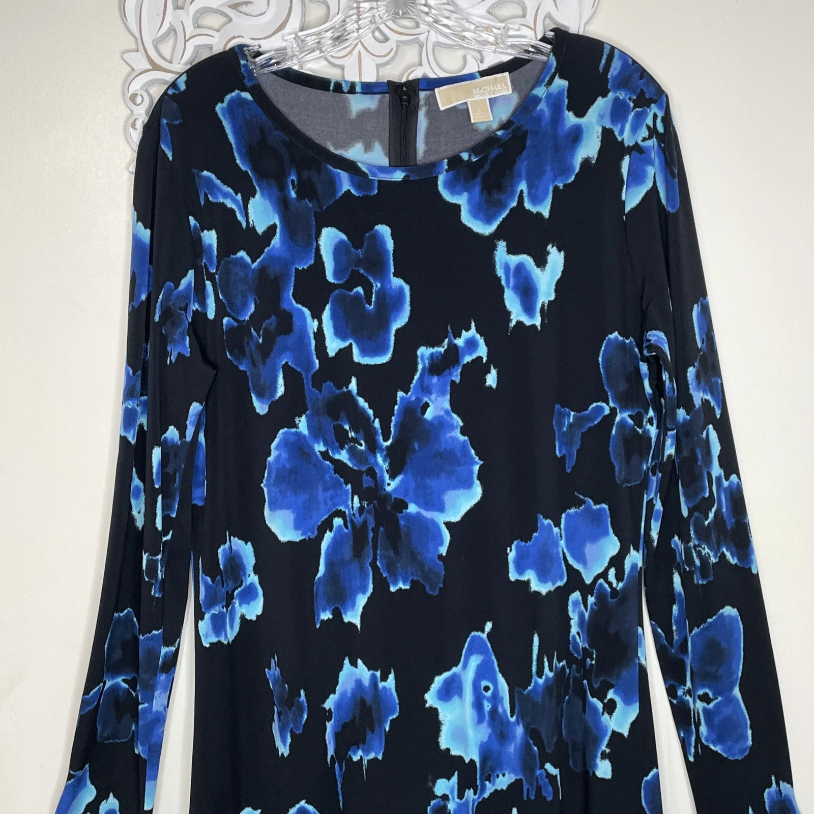 Abito MICHAEL KORS taglia GRANDE maniche lunghe orlo a fazzoletto NERO BLU floreale