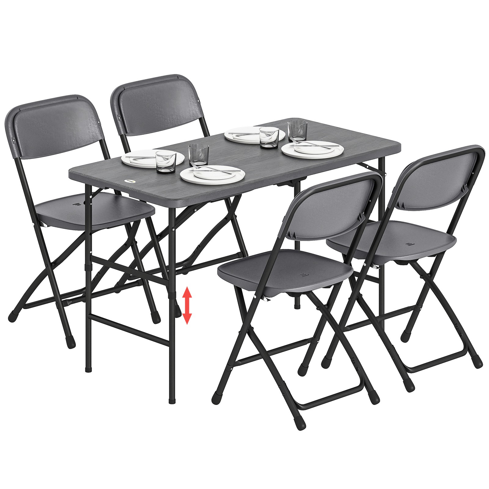 Outsunny Set Tavolo Regolabile e 4 Sedie da Giardino Pieghevoli in HDPE Grigio