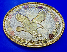 Flying American Bald Eagle Etched Floral Theme Western Belt Buckle - W USA