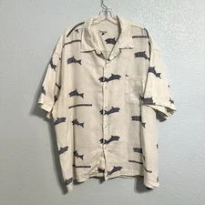 True Grit Shirt Mens XL 100% Linen Shark Fish Hawaiian Vintage USA Oversized