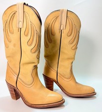 Vintage FRYE Tan Leather Suede Flame Cowgirl Boots Stacked Heel USA Women 6B