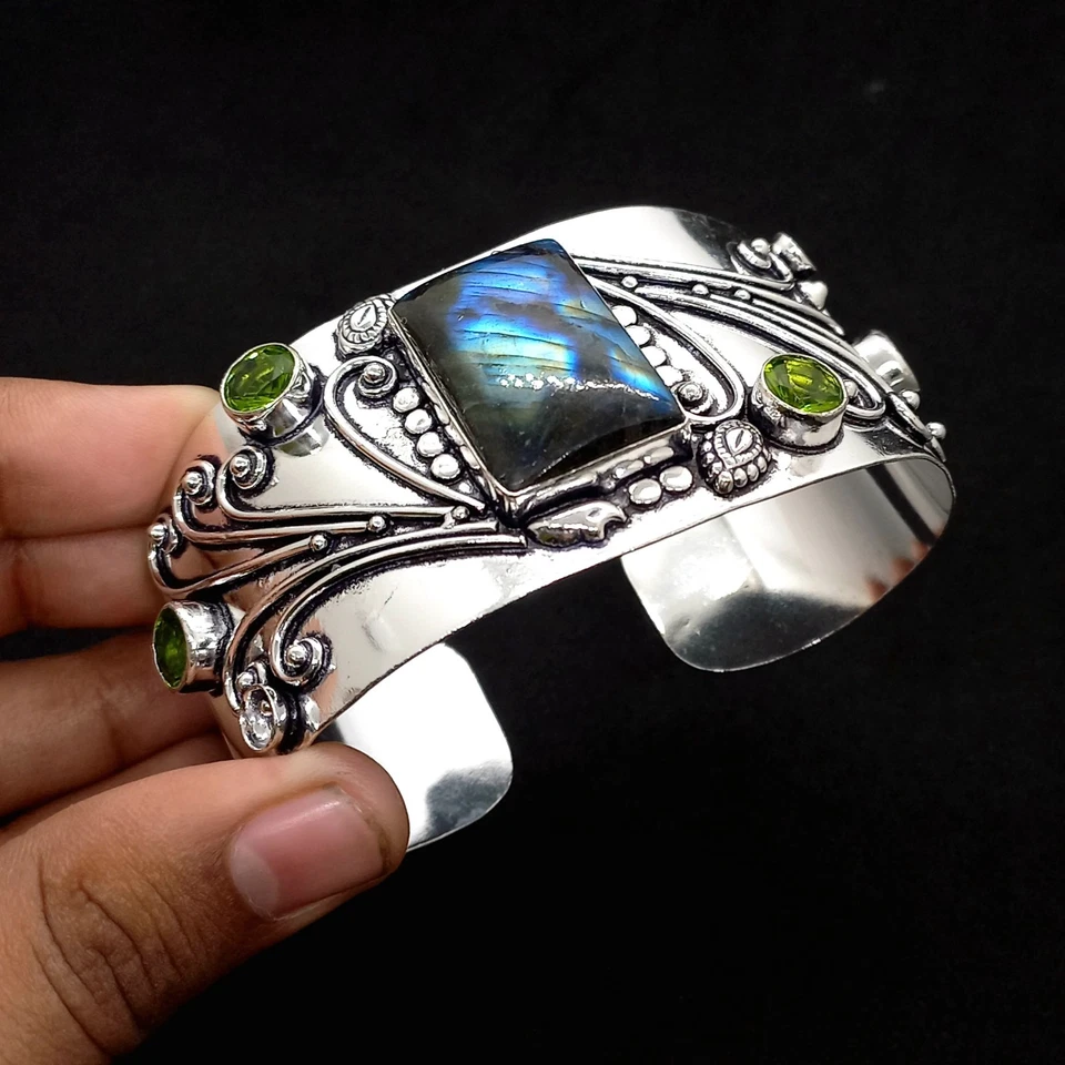925 Sterling Silver Labradorite & Peridot Gemstone Jewelry Cuff Bracelet - Image 3 of 4