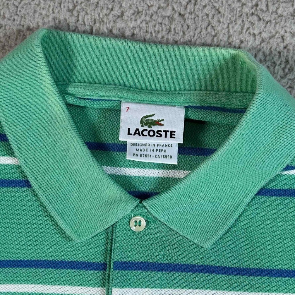 Lacoste Green Blue White Striped Polo Shirt Mens Size 7 XXL Cotton