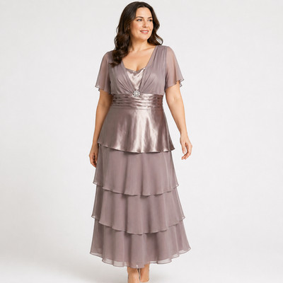 D Albert Taupe Formal Dress Womens 16 Mother Bride Tiered Satin Flutter Sleeve