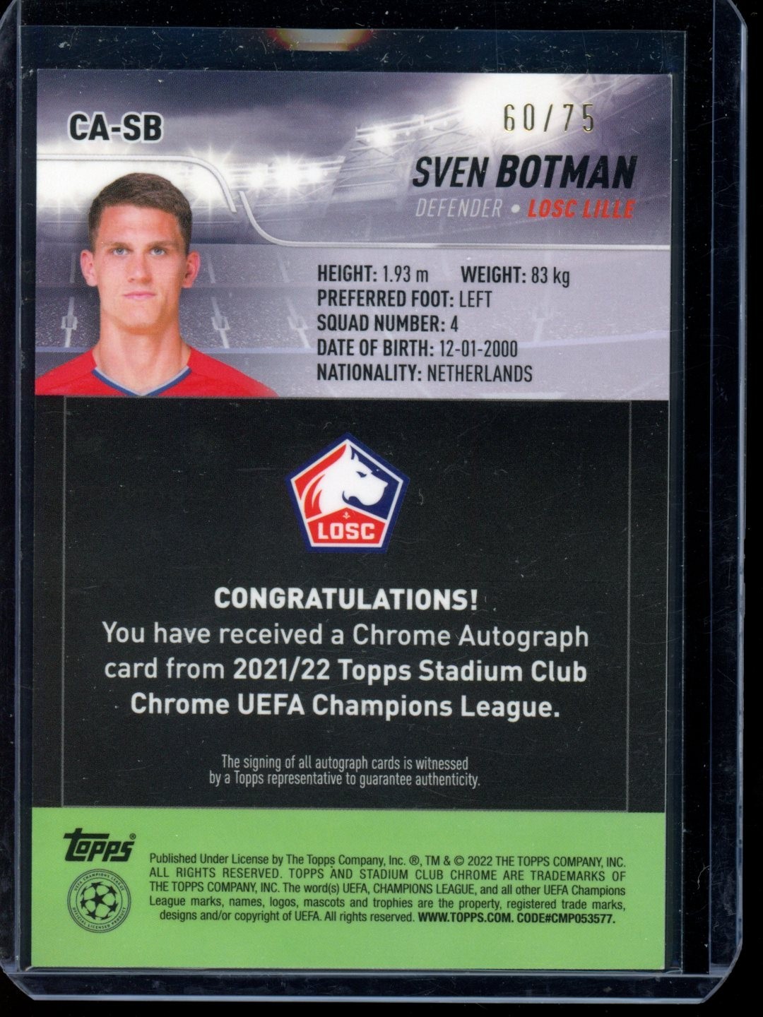 2021-22 Topps Stadium Club Chrome UCC - Chrome Autographs Sven Botman 60/75 view 2