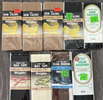 VTG Wrights & Coats Seam Binding Bias Tape Twill Tape Hem Facing Lot of 9 NOS