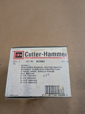 Cutler Hammer B230BG 30A 600V 2 Pole Manual Motor Controller Disconnect NEMA 1