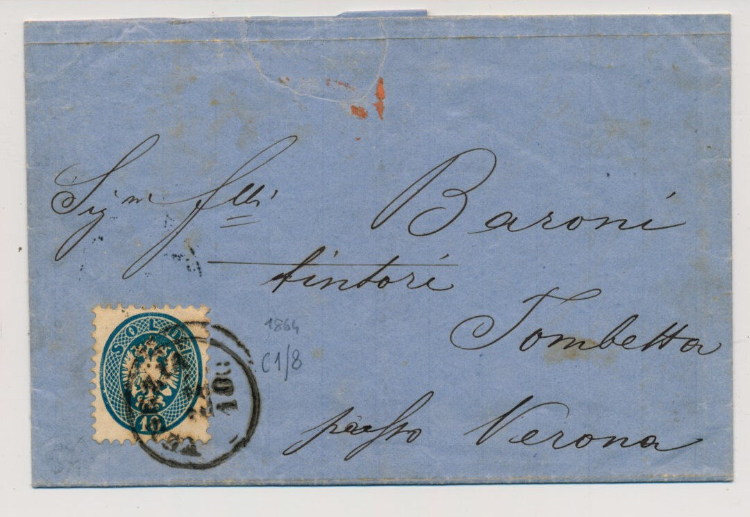 LOMB-VEN 1864 10sld. zentriert, auf Brief (Inhalt) VENEZIA nach VERONA.