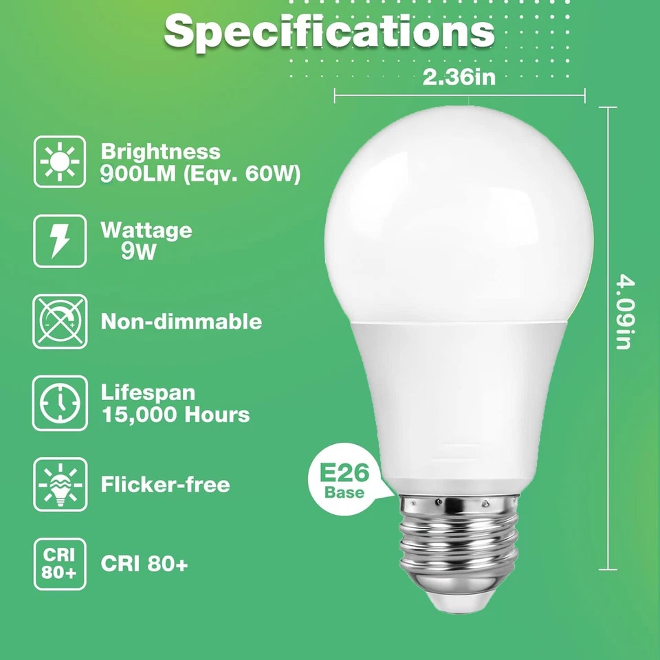 2Pack A19 LED Light Bulbs 80W Equivalent E26 Base 7W 1000LM Daylight 5000K - Image 4 of 4