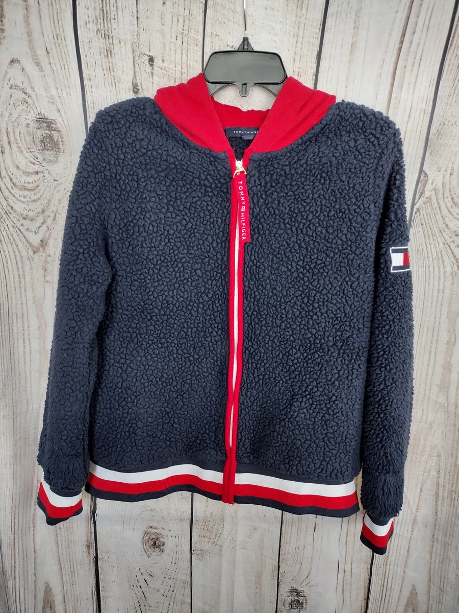 Tommy Hilfiger Spell Out Zip Up Teddy Bear Sherpa Hoodie Women s M Cozy 90s Y2K
