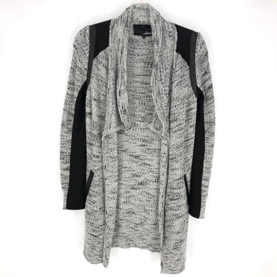 Кардиган с кожаной отделкой линия серый белый черный размер S - Изображение 4 из 4