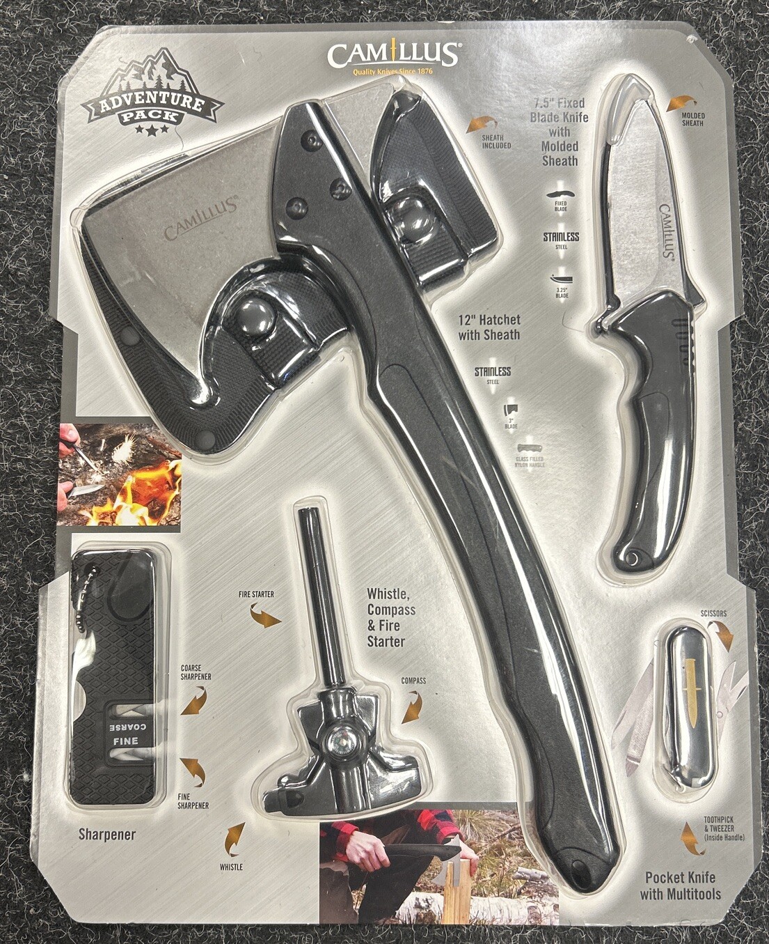 Camillus Adventure Pack Outdoor Survival Kit New Hatchet Knives Fire Starter eBay