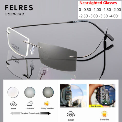 Men Titanium Alloy Rimless Photochromic Myopia Nearsighted Glasses Sunglasses - Afbeelding 1 van 22