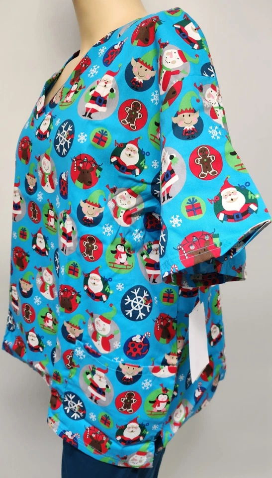 Womens Scrub Top Butter-Soft by UA Cotton Blend Christmas Turquoise 2 Pocket - Image 3 of 4